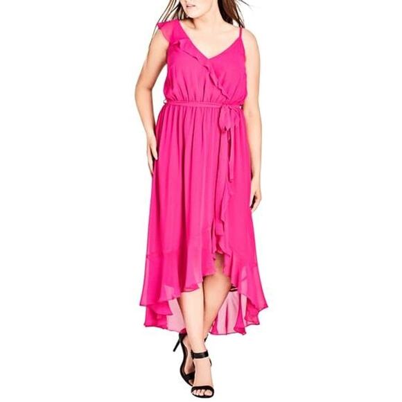 City Chic Dress Maxi Ruffle Flirty Detail Shock Pink Boho Feminine Sexy Size 18 - Picture 1 of 15